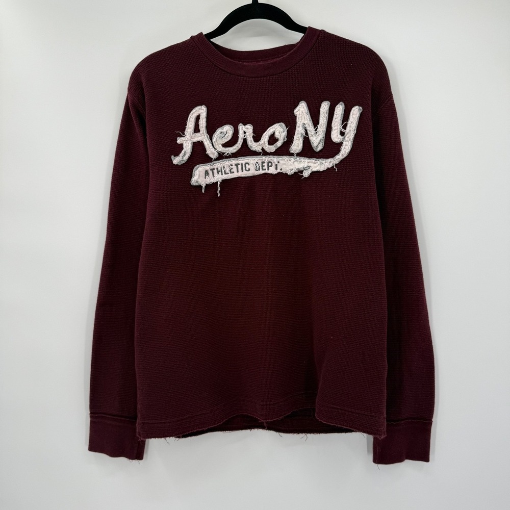 Aeropastle Mens XL Long Sleeve Thermal Shirt Maroon Y2K Spellout Logo Athletic